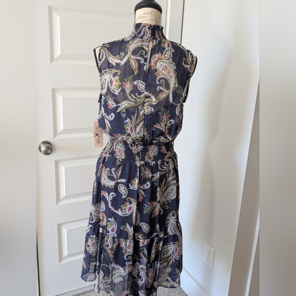 Nanette Lepore Navy Paisley High-Neck Smocked Midi Dress Size 8 - Picture 2 of 10